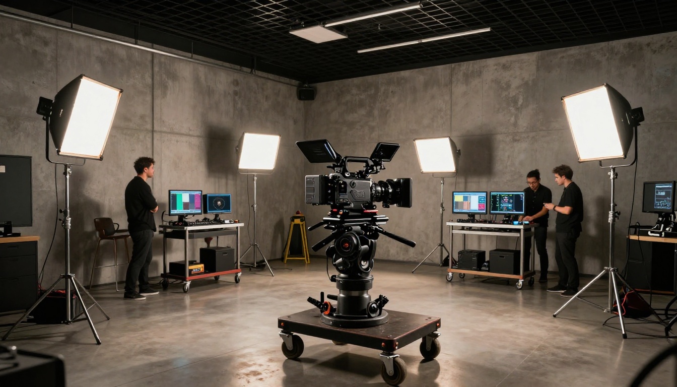 Wide view of a professional film production studio with cinema camera on dolly Wide view of a professional film production studio with cinema camera on dolly