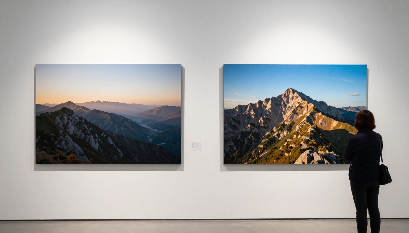 Gallery visitor examining side-by-side comparison of low-resolution and 4K photographic canvases on white gallery wall