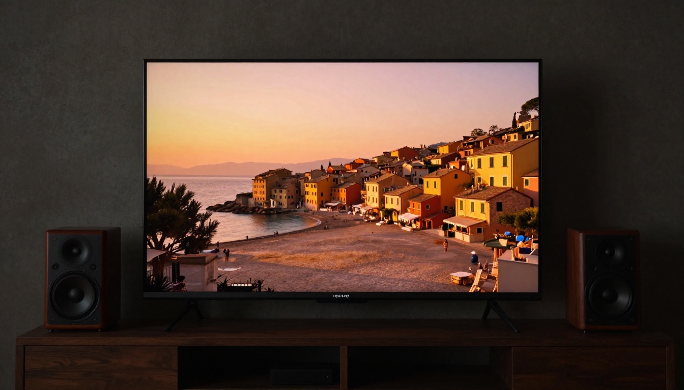 Cinematic OLED television displaying rich golden-hour coastal footage in a living space Cinematic OLED television displaying rich golden-hour coastal footage in a living space