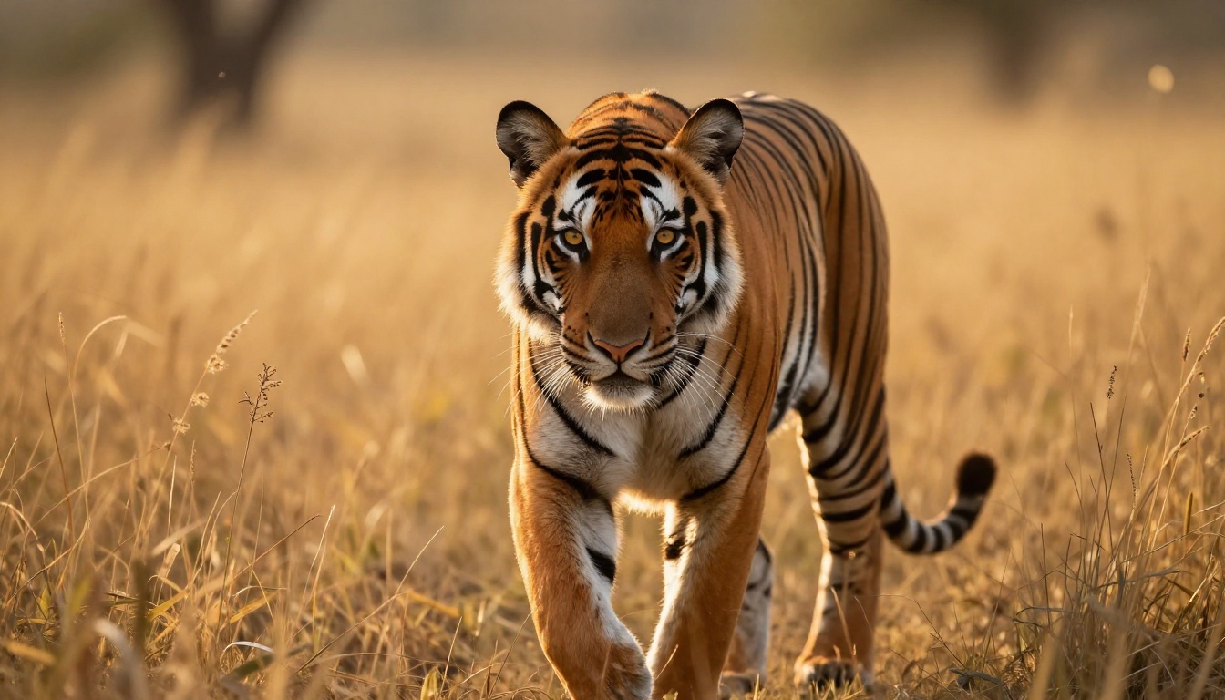 Majestic Bengal tiger walking toward camera through golden savanna grass at eye-level with extraordinary fur texture detail