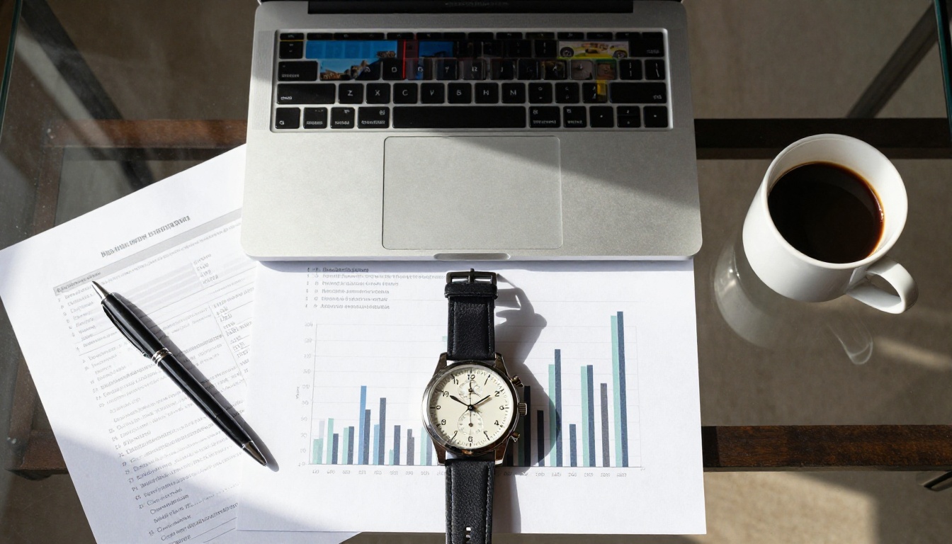 Overhead flat-lay of benchmark results, chronograph watch, and espresso on a glass desk Overhead flat-lay of benchmark results, chronograph watch, and espresso on a glass desk