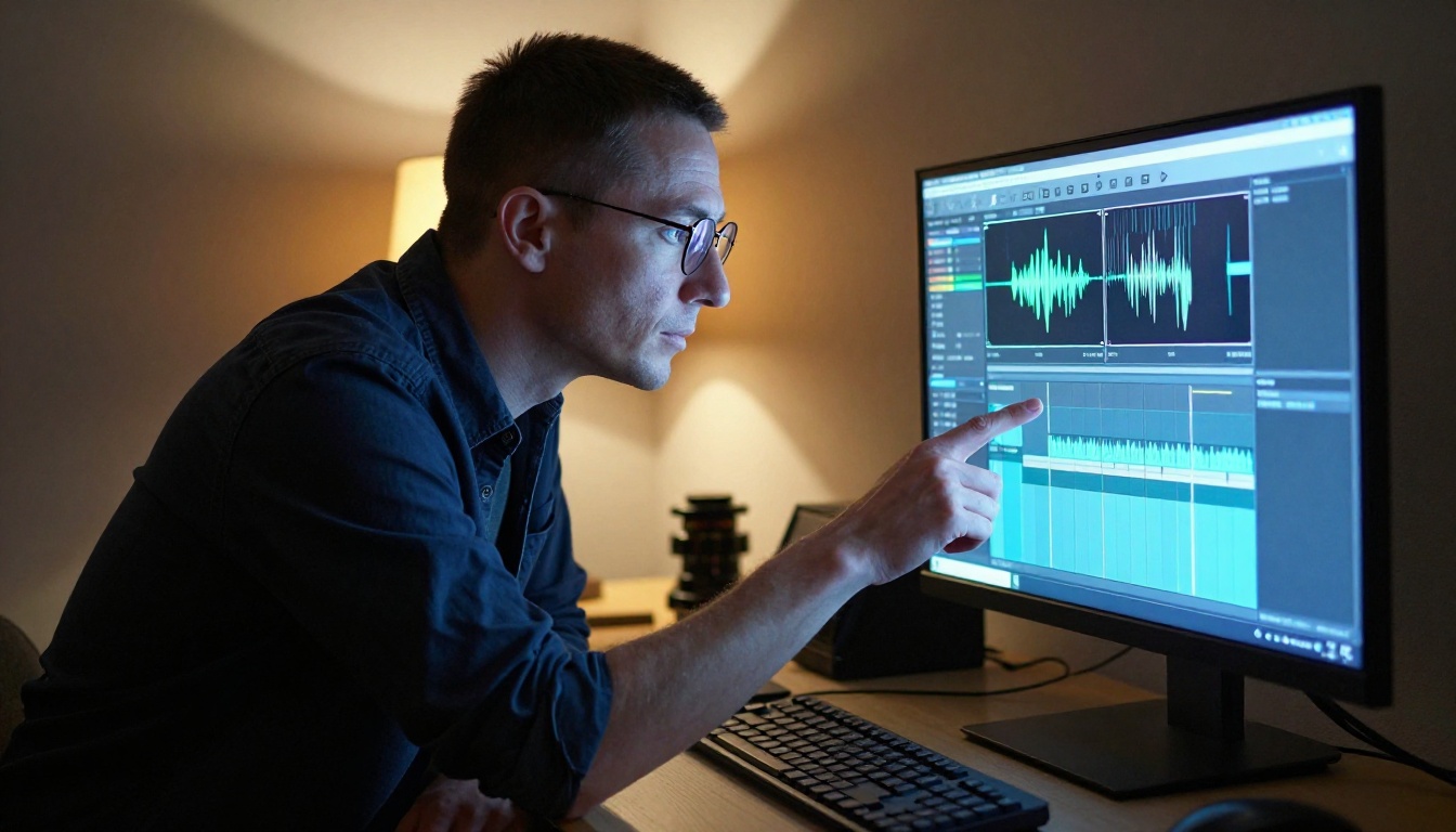 Video editor reviewing slow-motion footage frame by frame at late-night workstation illuminated by dual monitor glow