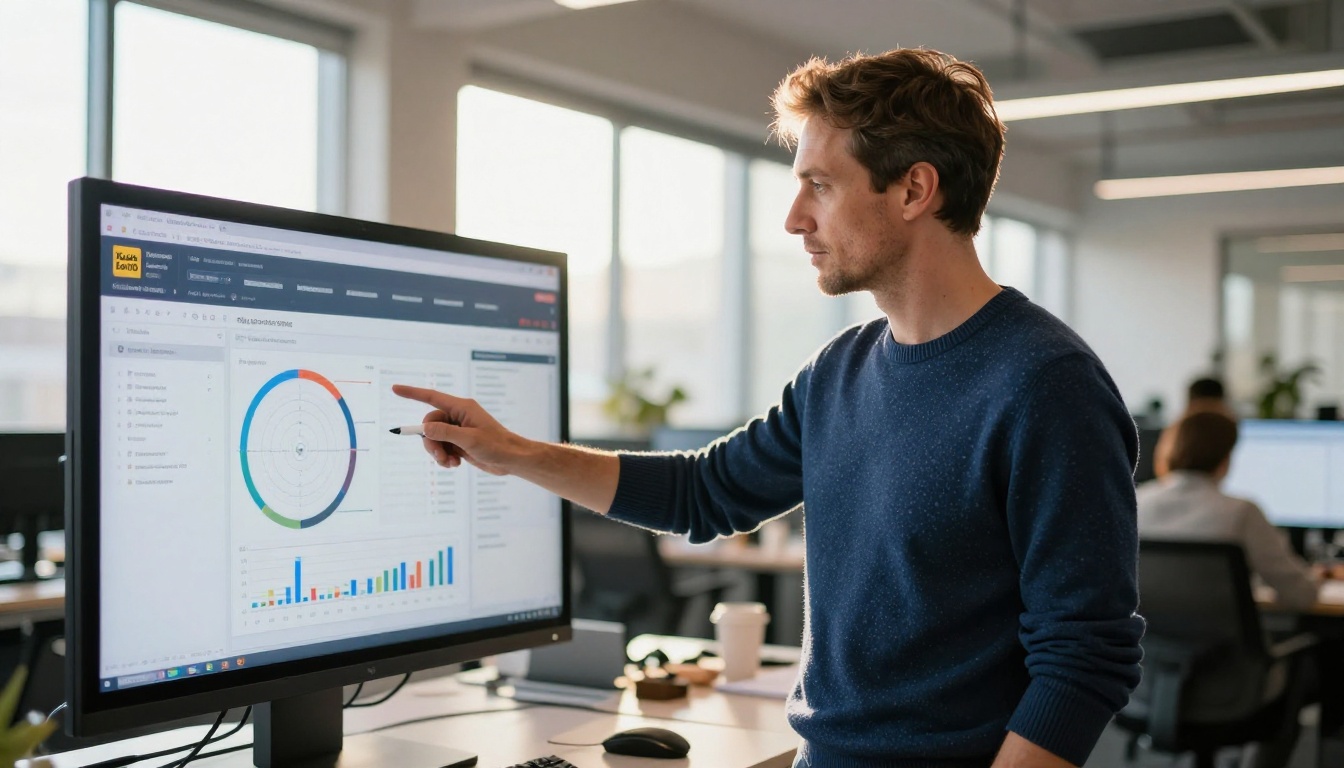Creative director presenting AI video data on a touchscreen in a modern agency office Creative director presenting AI video data on a touchscreen in a modern agency office