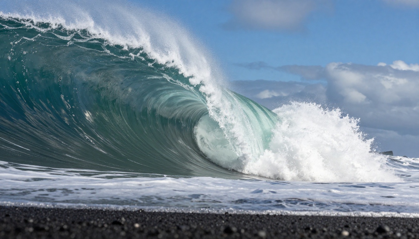 Dramatic breaking ocean wave translucent green with suspended sand particles and intricate foam detail on volcanic black sand beach