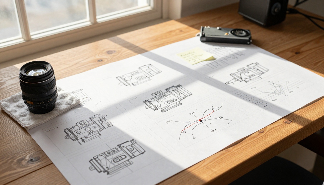 Motion control planning desk with storyboards and camera trajectory sketches Motion control planning desk with storyboards and camera trajectory sketches