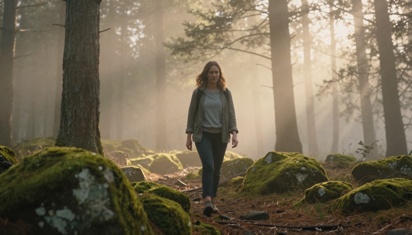 Woman walking along a misty forest trail mid-stride with natural motion blur Woman walking along a misty forest trail mid-stride with natural motion blur