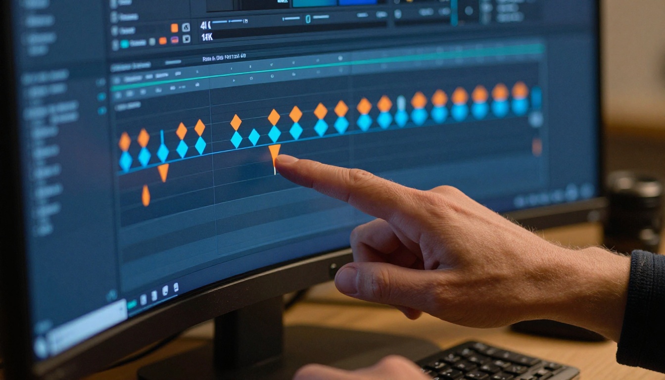 Professional editor adjusting keyframe markers on a curved 4K monitor timeline Professional editor adjusting keyframe markers on a curved 4K monitor timeline