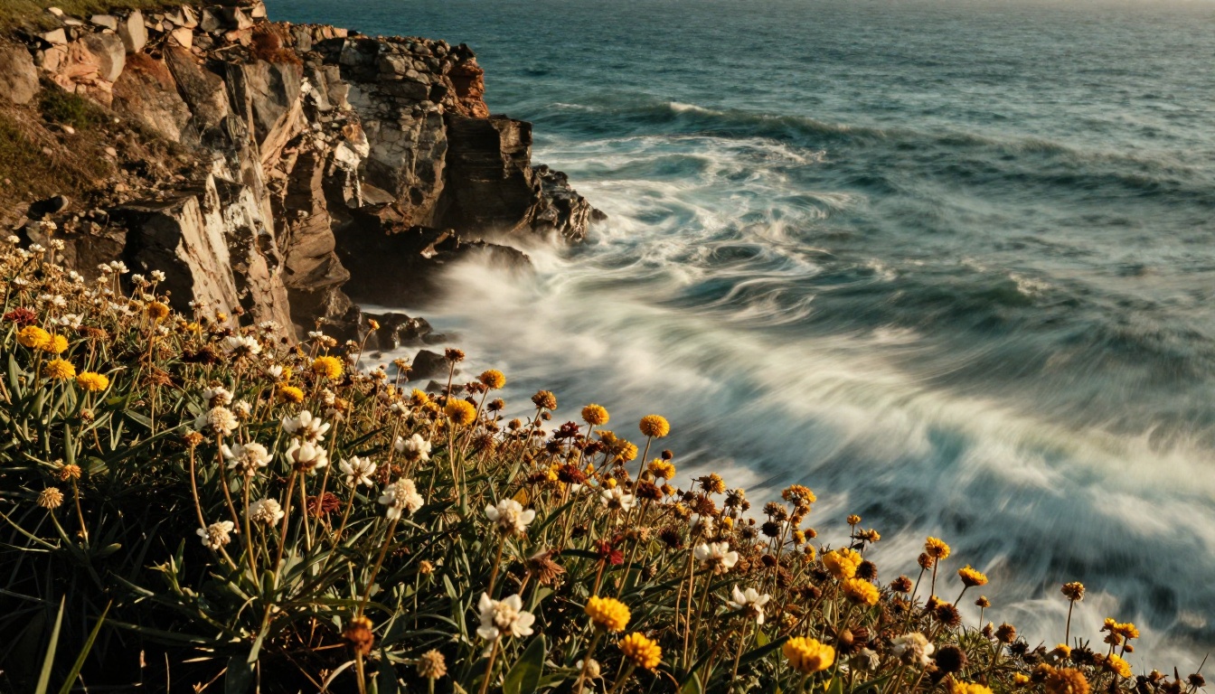 Coastal cliff scene with sharp foreground wildflowers against motion-blurred waves Coastal cliff scene with sharp foreground wildflowers against motion-blurred waves
