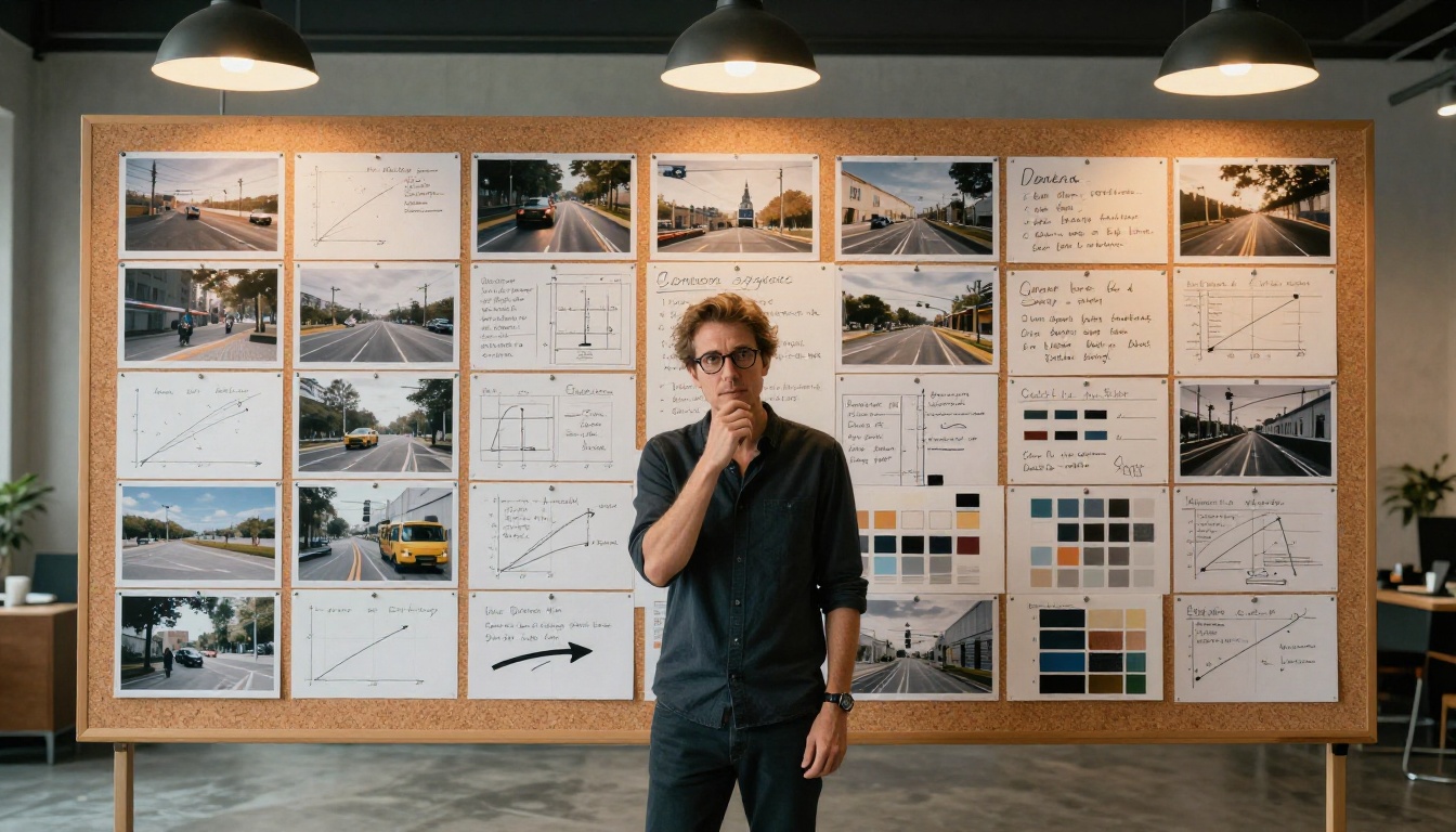 Creative director reviewing motion storyboard references on a large planning board Creative director reviewing motion storyboard references on a large planning board