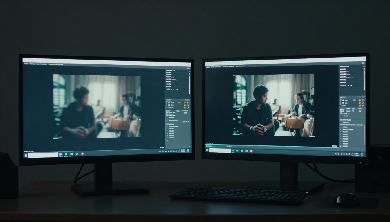 Two monitors side by side showing glitchy versus clean AI video output Two monitors side by side showing glitchy versus clean AI video output