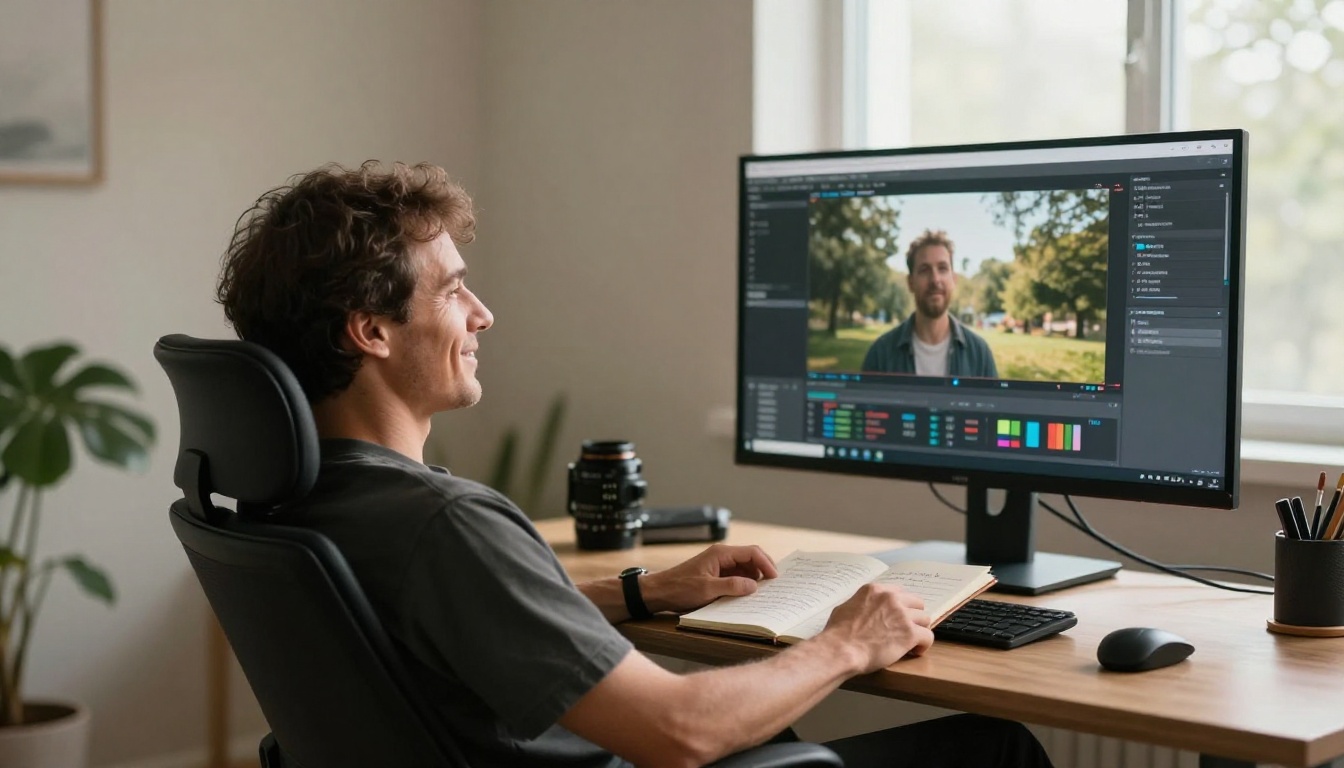 Filmmaker satisfied reviewing crisp smooth AI video output on a professional display Filmmaker satisfied reviewing crisp smooth AI video output on a professional display