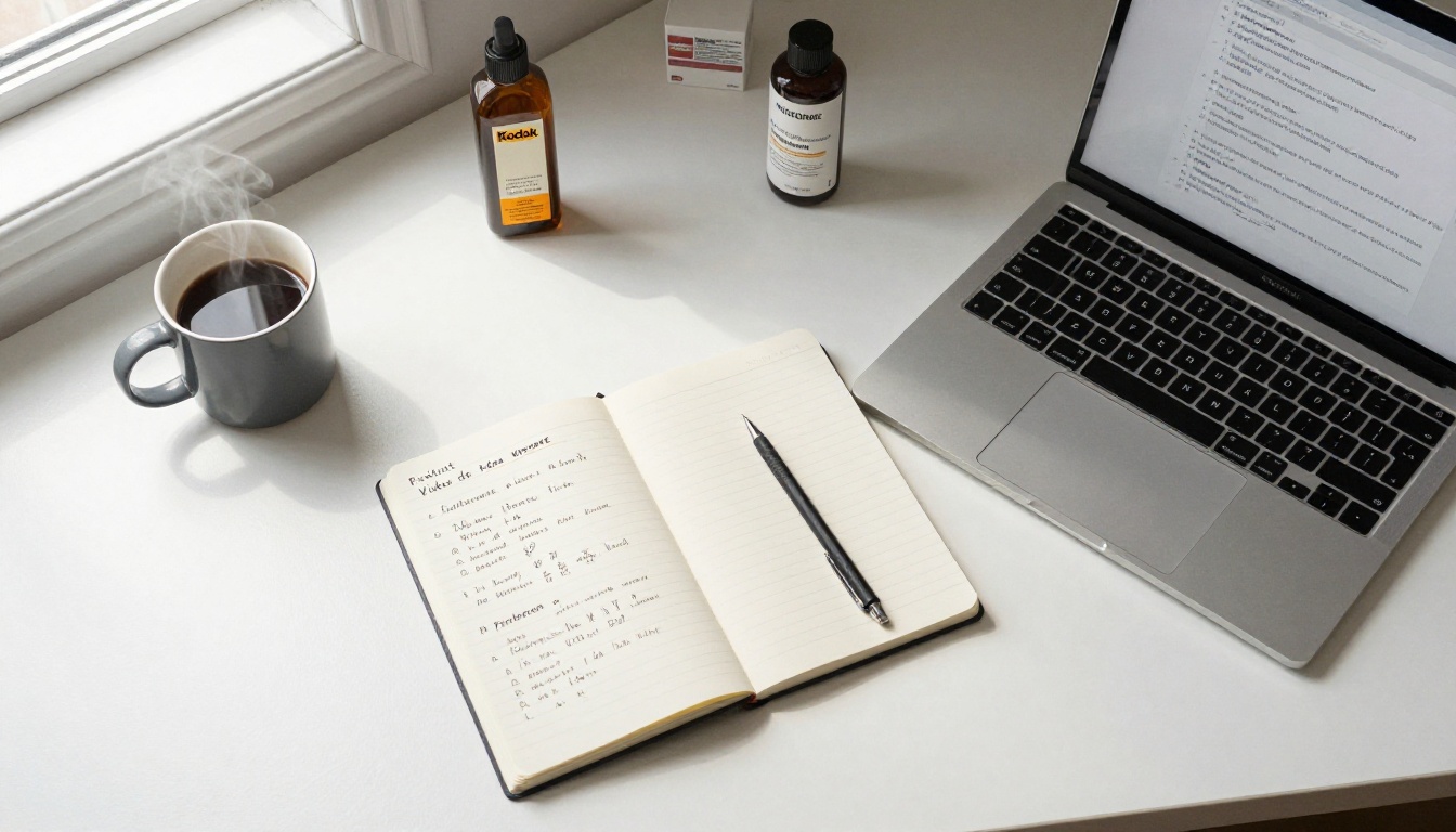 Overhead flat-lay view of a product ad prompt-writing workspace with script notes and laptop Overhead flat-lay view of a product ad prompt-writing workspace with script notes and laptop