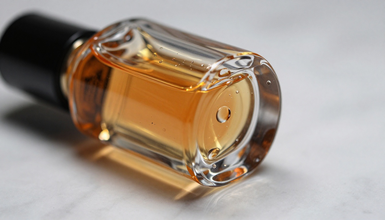 Close-up of a luxury perfume bottle with orbital studio lighting creating specular highlights on the glass surface Close-up of a luxury perfume bottle with orbital studio lighting creating specular highlights on the glass surface