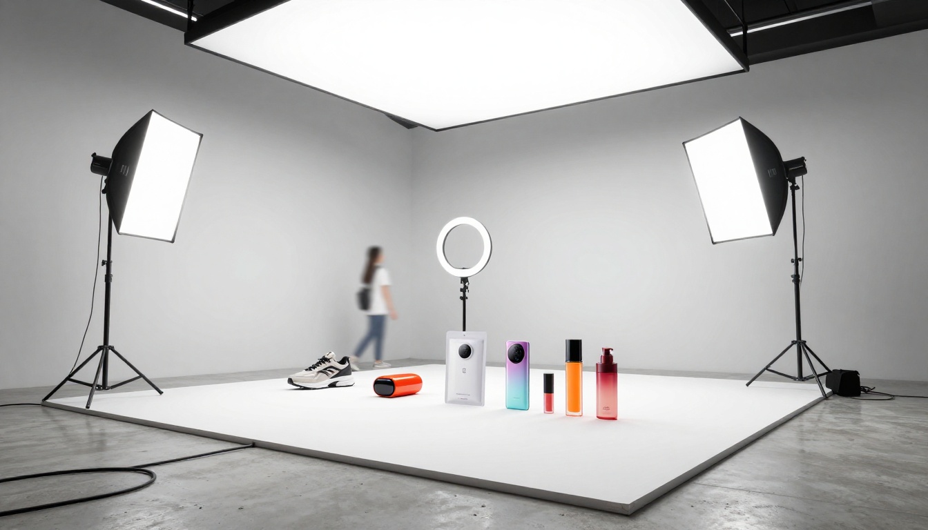 Wide-angle view of a professional e-commerce product photography studio with multiple products on a white sweep backdrop Wide-angle view of a professional e-commerce product photography studio with multiple products on a white sweep backdrop