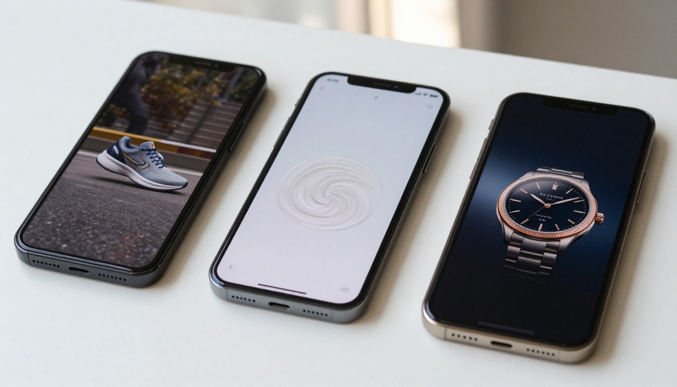 Three smartphones displaying different product advertisement video frames on their screens Three smartphones displaying different product advertisement video frames on their screens