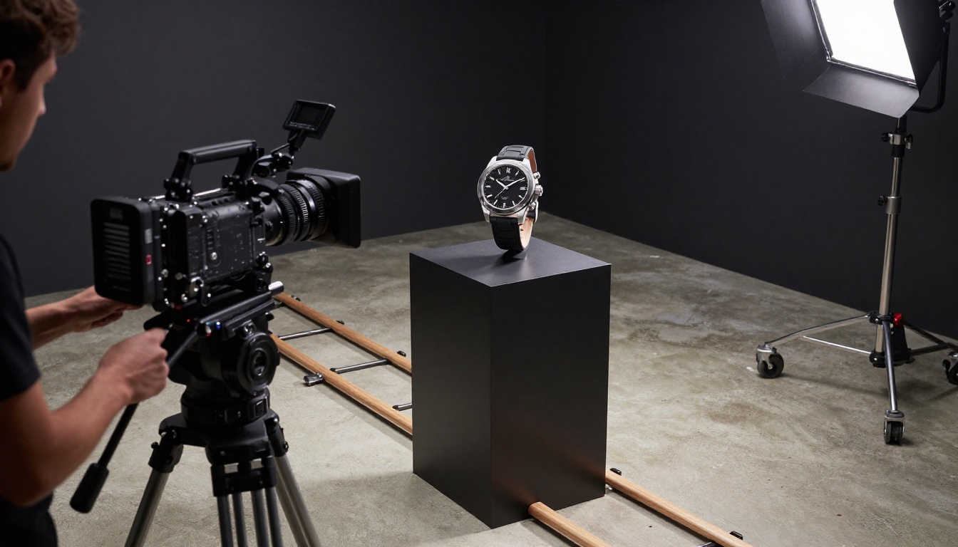 Cinema camera on a dolly track aimed at a premium wristwatch on a product pedestal in a professional video production studio Cinema camera on a dolly track aimed at a premium wristwatch on a product pedestal in a professional video production studio