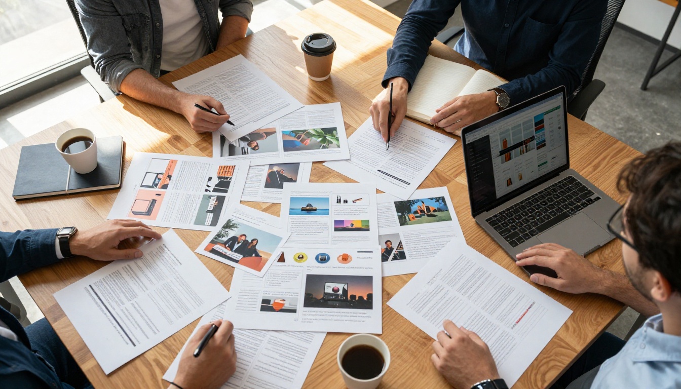 Aerial view of a marketing team reviewing printed product ad storyboards and video thumbnails around a conference table Aerial view of a marketing team reviewing printed product ad storyboards and video thumbnails around a conference table