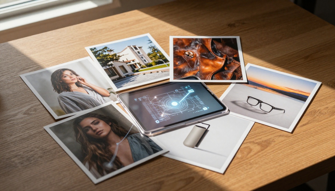 Multiple reference photos arranged on a table with AI processing overlay Multiple reference photos arranged on a table with AI processing overlay