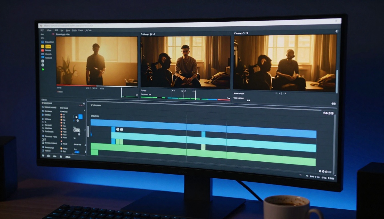 Professional video editing timeline with multiple input tracks on monitor Professional video editing timeline with multiple input tracks on monitor