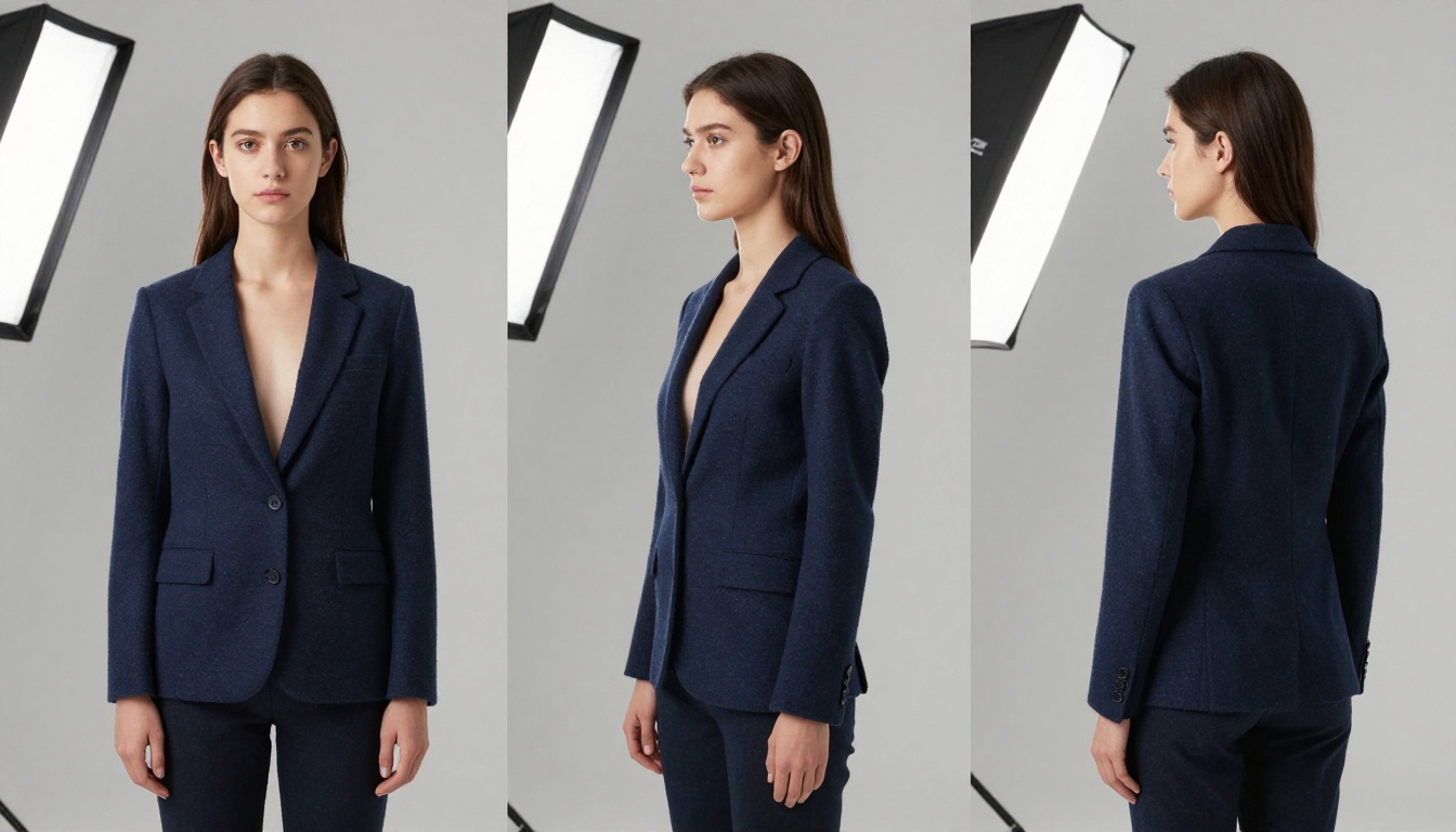 Same subject photographed from three different angles in matching studio setups Same subject photographed from three different angles in matching studio setups