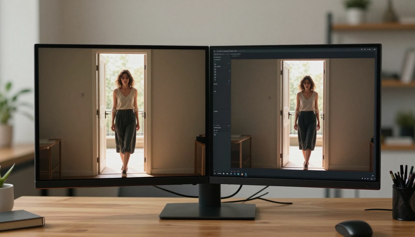 Side-by-side comparison of reference photograph and AI-generated video frames Side-by-side comparison of reference photograph and AI-generated video frames