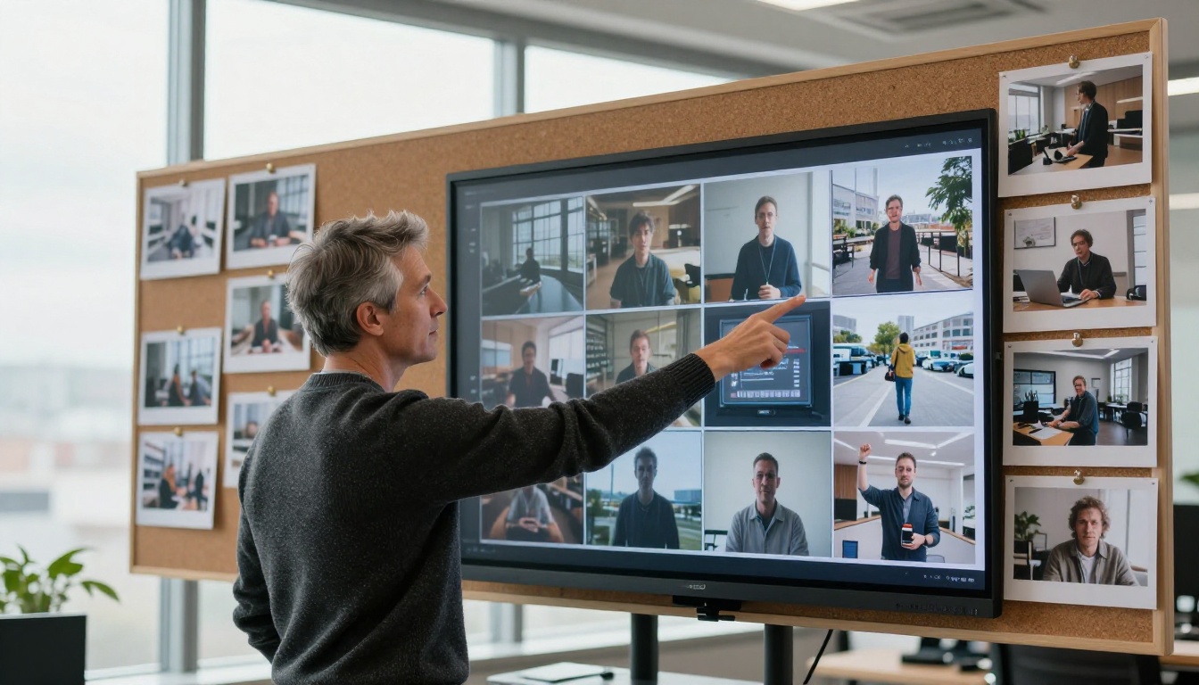Creative director reviewing AI-generated video grid on large wall display Creative director reviewing AI-generated video grid on large wall display