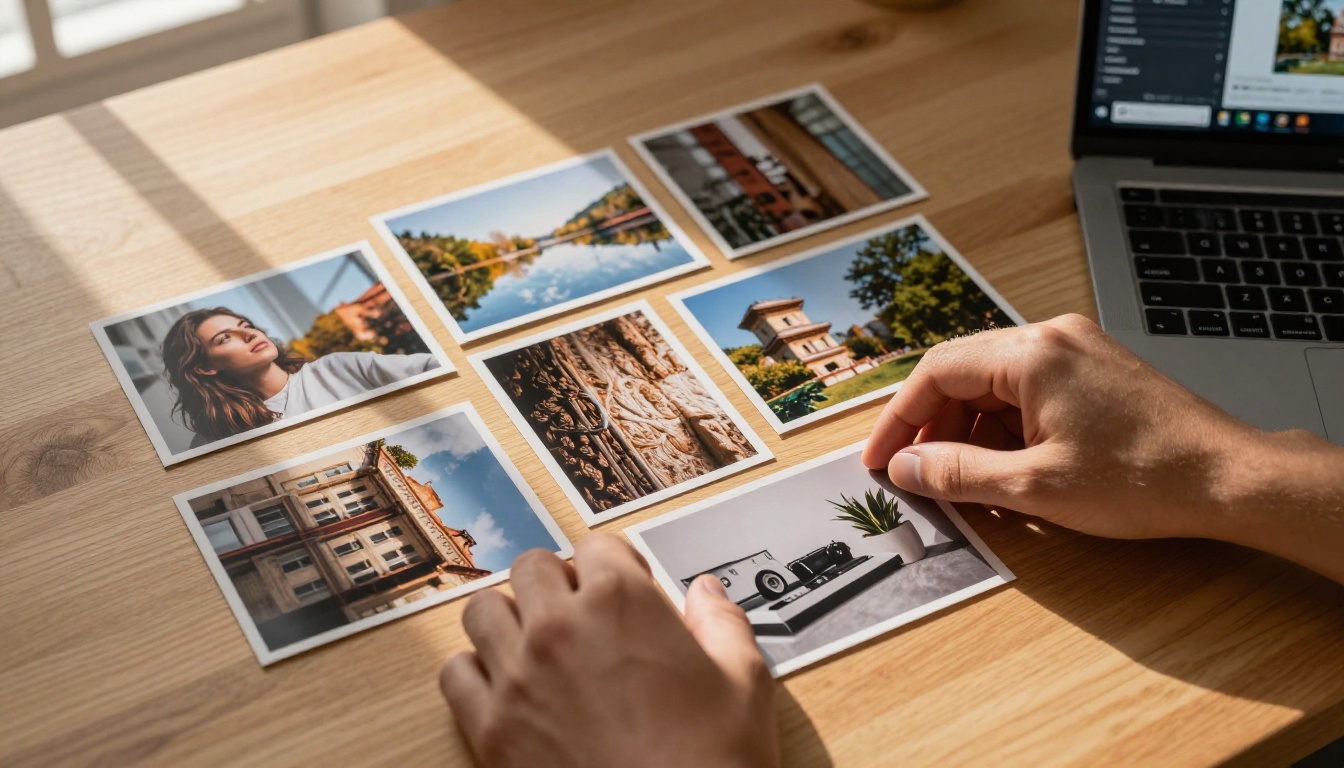 Hands arranging printed reference photographs on maple desk with laptop nearby Hands arranging printed reference photographs on maple desk with laptop nearby
