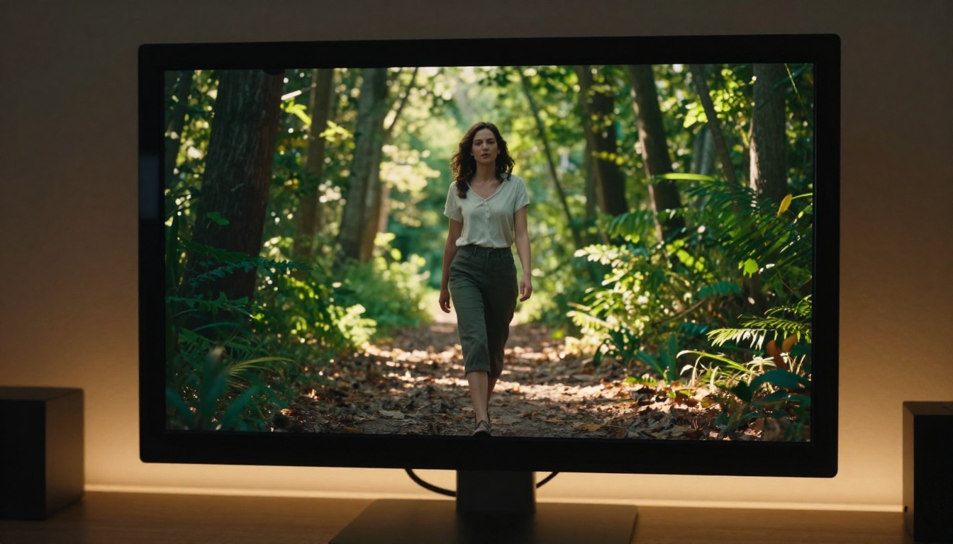 Cinema-grade monitor displaying photorealistic AI-generated forest video frame Cinema-grade monitor displaying photorealistic AI-generated forest video frame