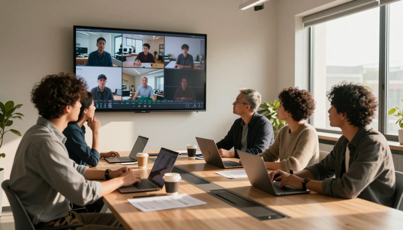 Film production team reviewing AI-generated video footage on wall-mounted monitor Film production team reviewing AI-generated video footage on wall-mounted monitor