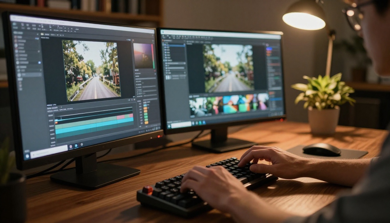 AI video production studio with holographic displays and cinematic lighting