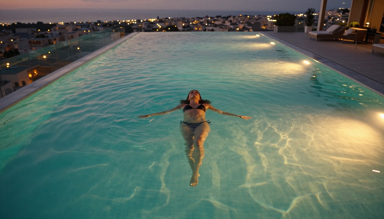 Aerial drone shot of woman in black bikini floating in illuminated turquoise rooftop pool at dusk, city bokeh below