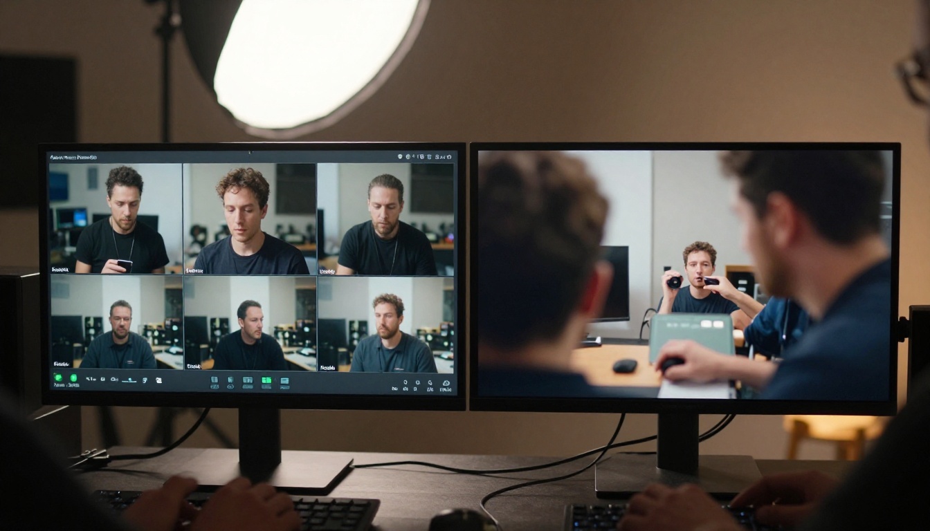 Professional video quality comparison on two cinema monitors in broadcast studio with directional lighting