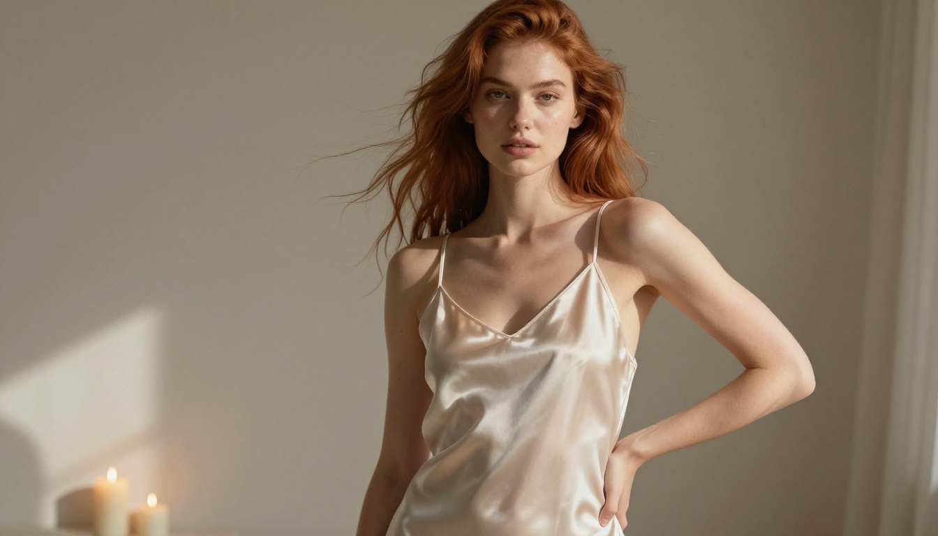 Beautiful young woman in sheer ivory silk dress in sun-drenched minimalist studio