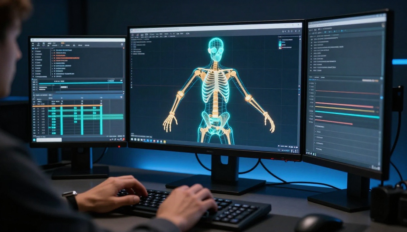 AI motion control skeleton wireframe interface on professional monitor in dark studio