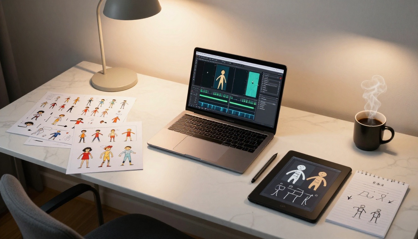 Professional animator workspace with character pose reference sheets and drawing tablet on marble desk