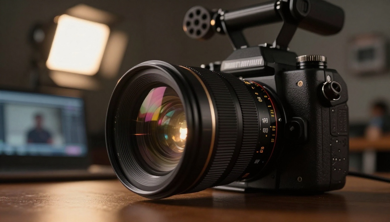 Cinema camera with vintage anamorphic lens and warm tungsten lighting, shallow depth of field on broadcast set