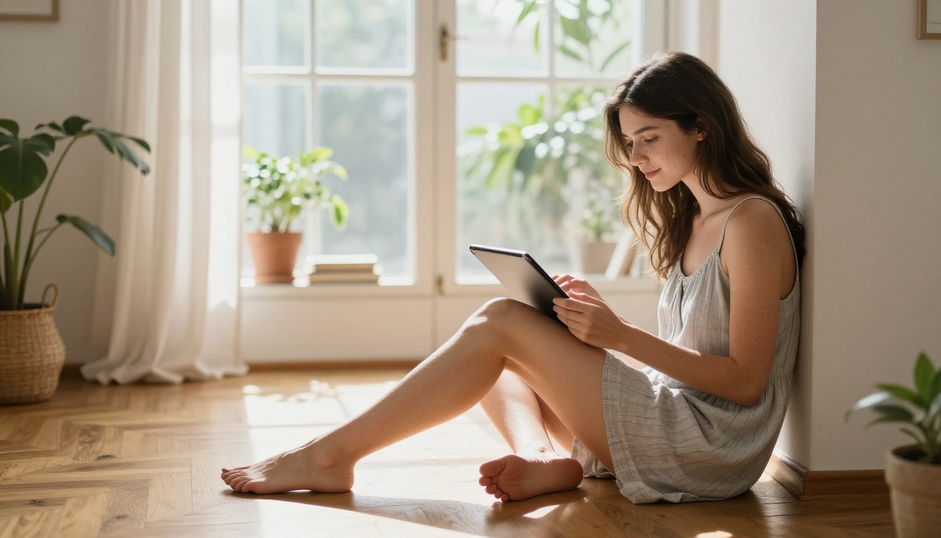 Young woman with brunette hair sitting cross-legged on parquet floor using AI generation app on tablet, morning sunlit apartment