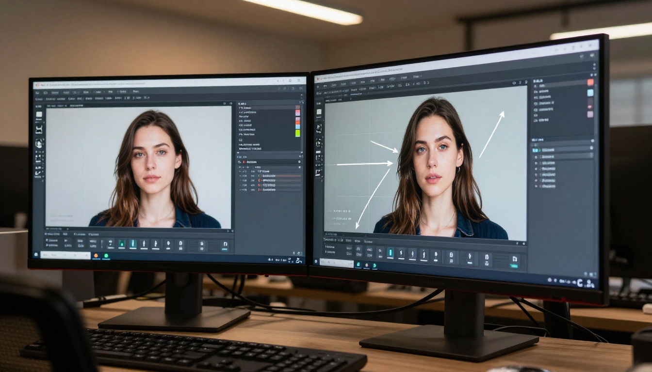 Sleek AI software interface with side-by-side animation comparison panels on ultrawide monitor