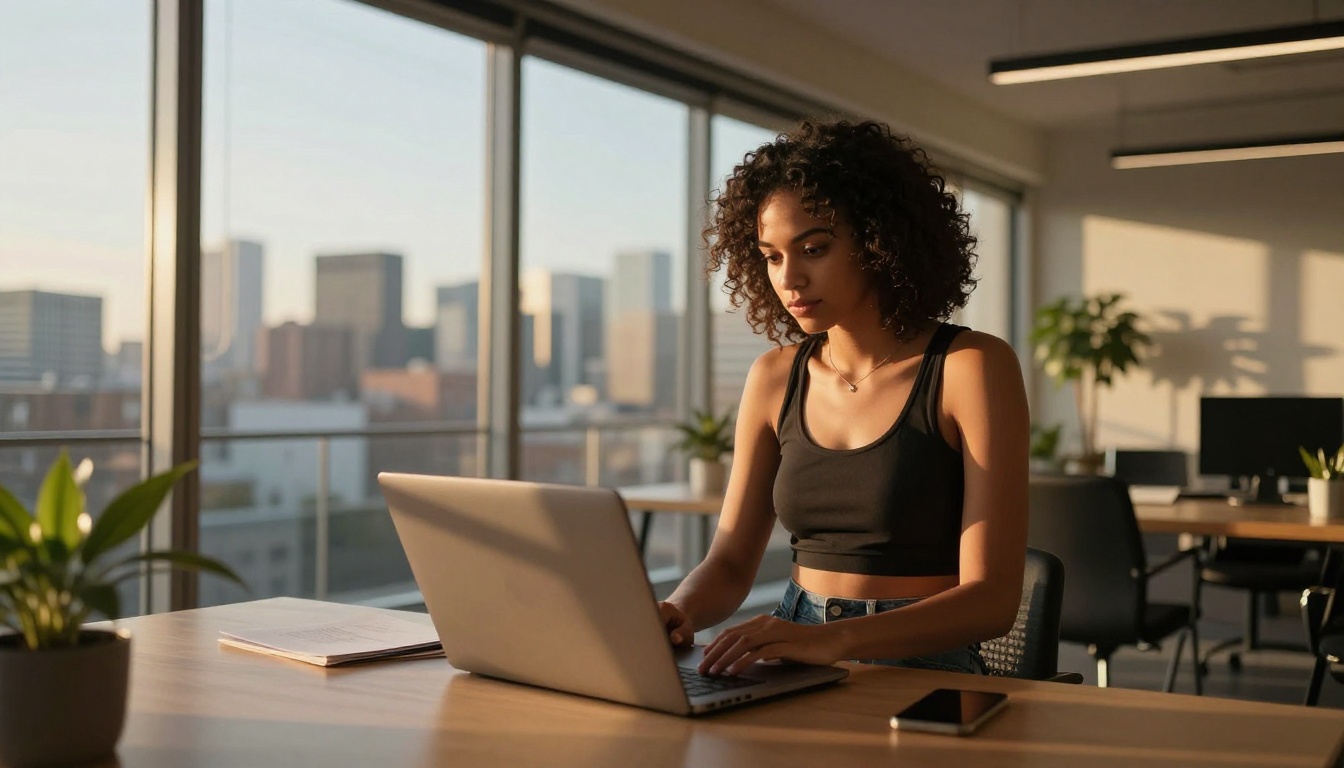 Stylish content creator reviewing video clips on laptop in modern glass-walled co-working space, golden hour light