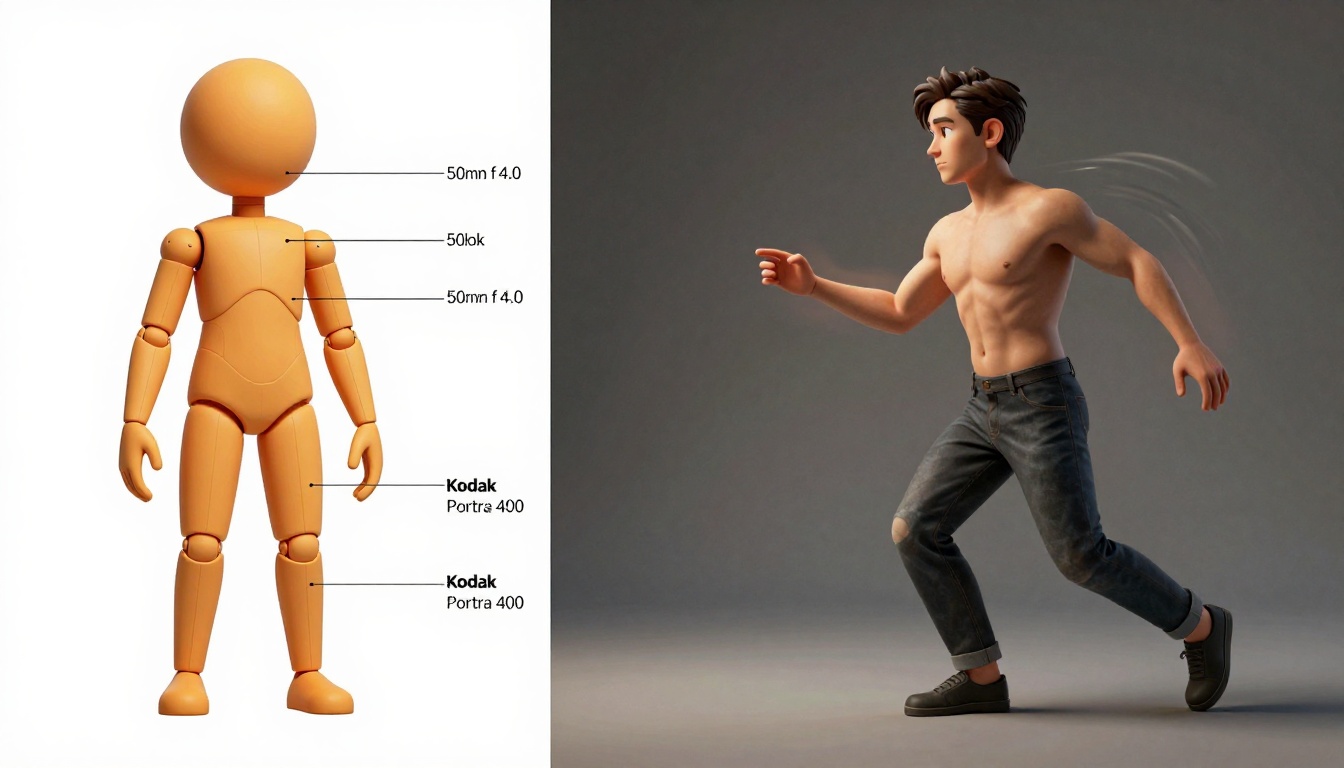 Side-by-side character rig joint diagram versus rendered character in motion with motion trails