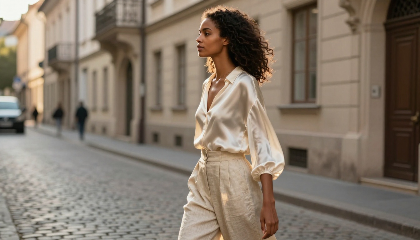 Confident dark-skinned woman in flowing silk blouse walking on sun-lit European cobblestone street