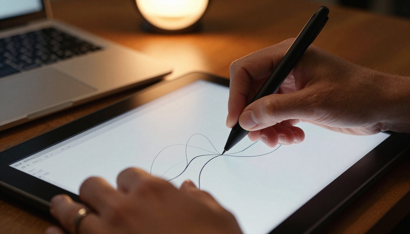 Professional animator's hands on drawing tablet with motion path curves, warm studio lamp lighting