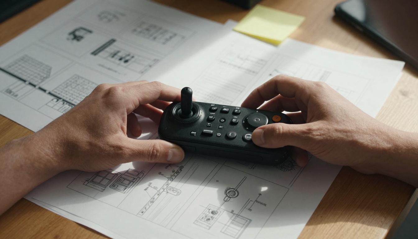 Filmmaker's hands controlling a camera remote with storyboards on the desk Filmmaker's hands controlling a camera remote with storyboards on the desk