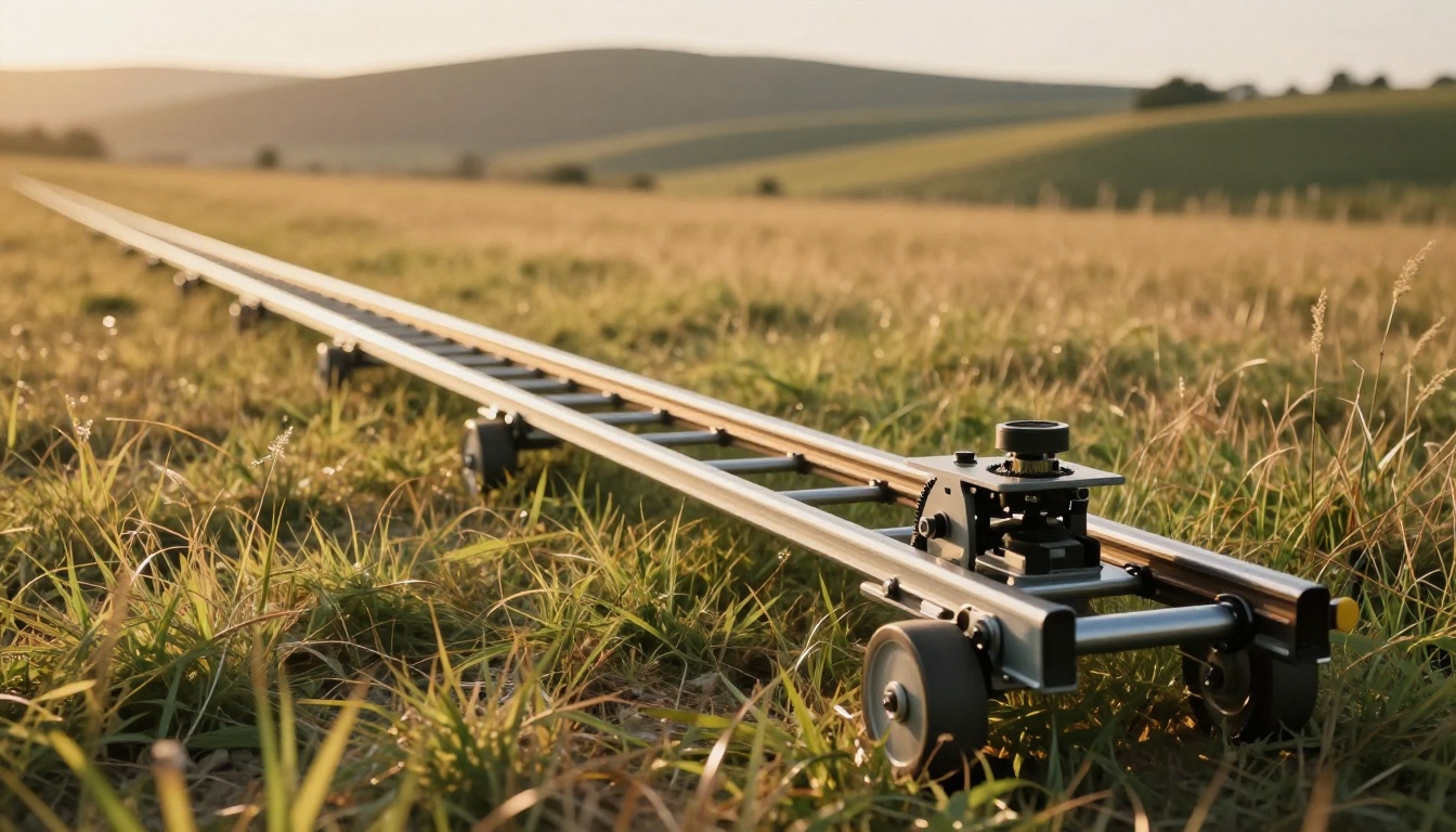 A motion control camera dolly on aluminum rails in golden afternoon sunlight A motion control camera dolly on aluminum rails in golden afternoon sunlight