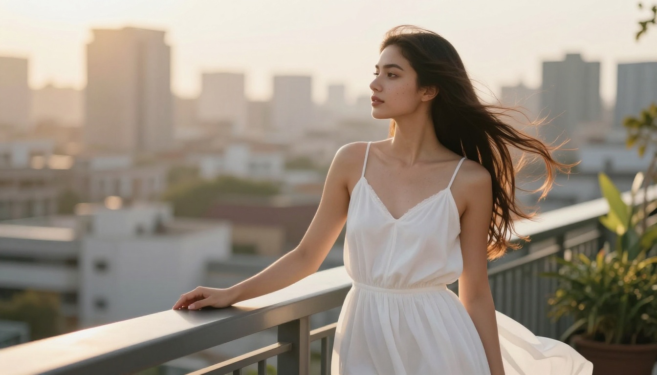 Young woman in a flowing white dress standing on a sunlit rooftop at golden hour Young woman in a flowing white dress standing on a sunlit rooftop at golden hour