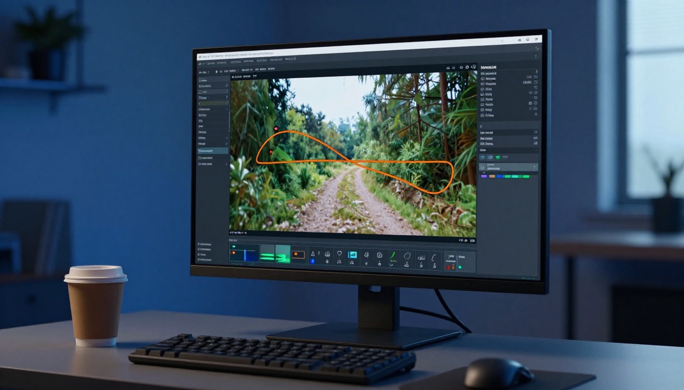 Motion trajectory path displayed on a film production monitor in a dim studio Motion trajectory path displayed on a film production monitor in a dim studio