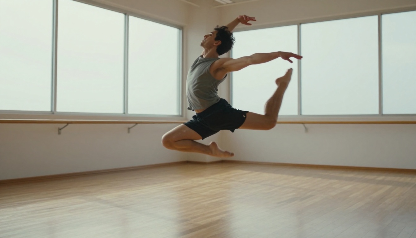 Male dancer frozen mid-leap in a white-walled studio with natural skylight Male dancer frozen mid-leap in a white-walled studio with natural skylight