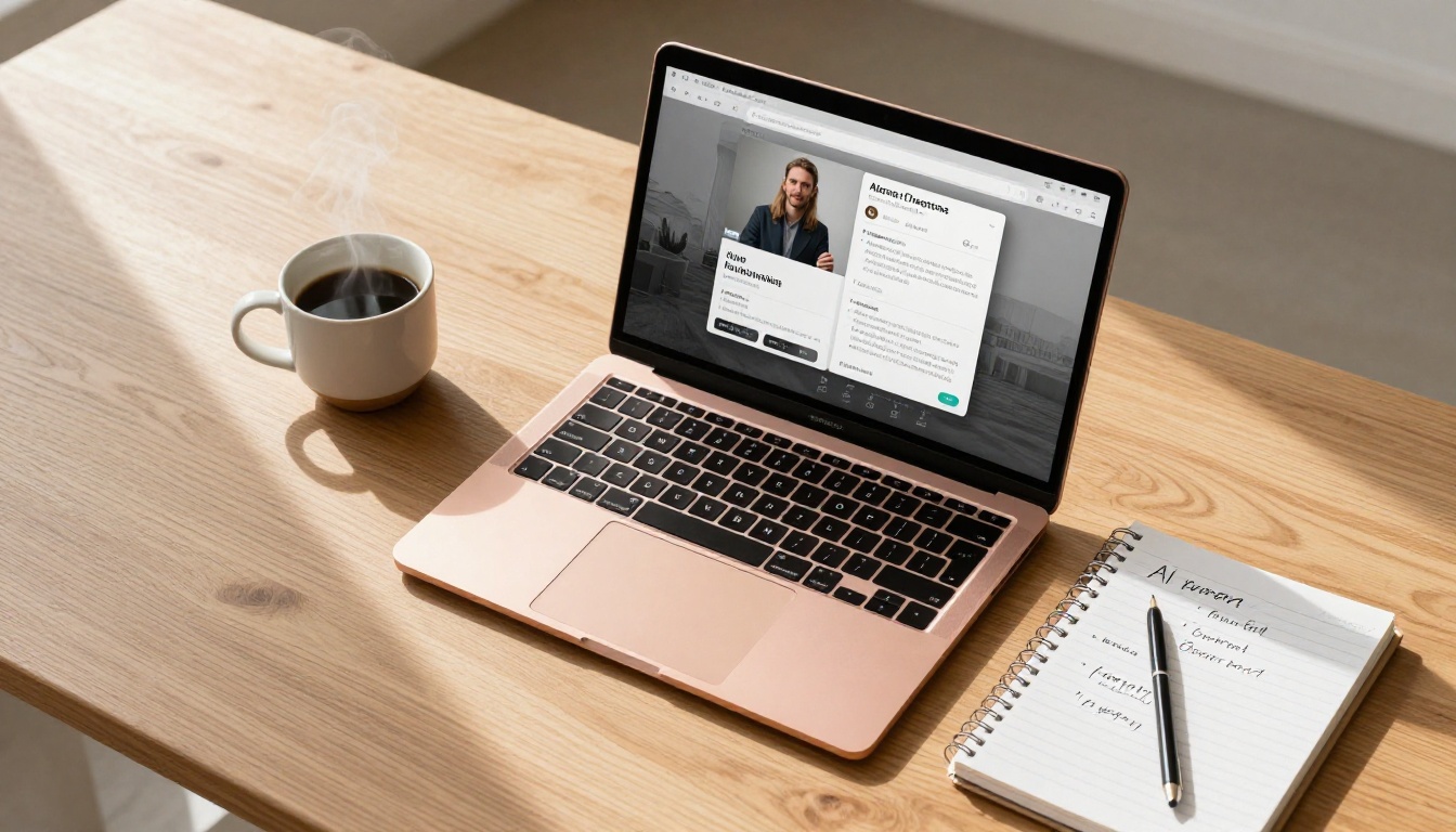 Flat-lay workspace with notebook, laptop, and coffee showing AI prompts