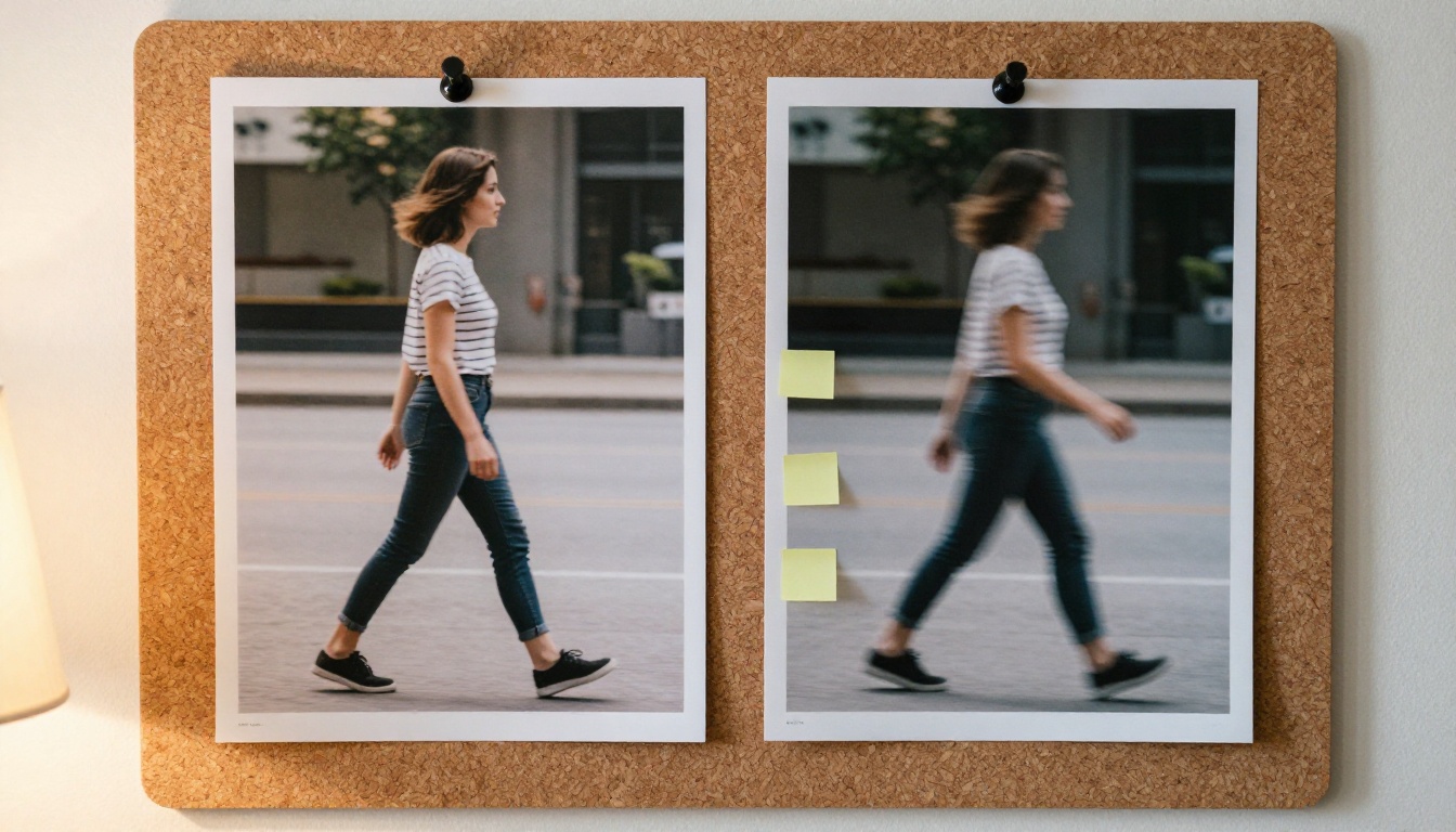 Two printed video frames pinned to a cork board for side-by-side comparison Two printed video frames pinned to a cork board for side-by-side comparison