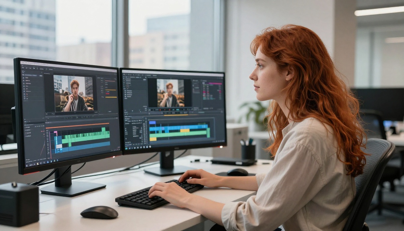 Auburn-haired woman reviewing AI video clips at a dual-monitor editing workstation Auburn-haired woman reviewing AI video clips at a dual-monitor editing workstation